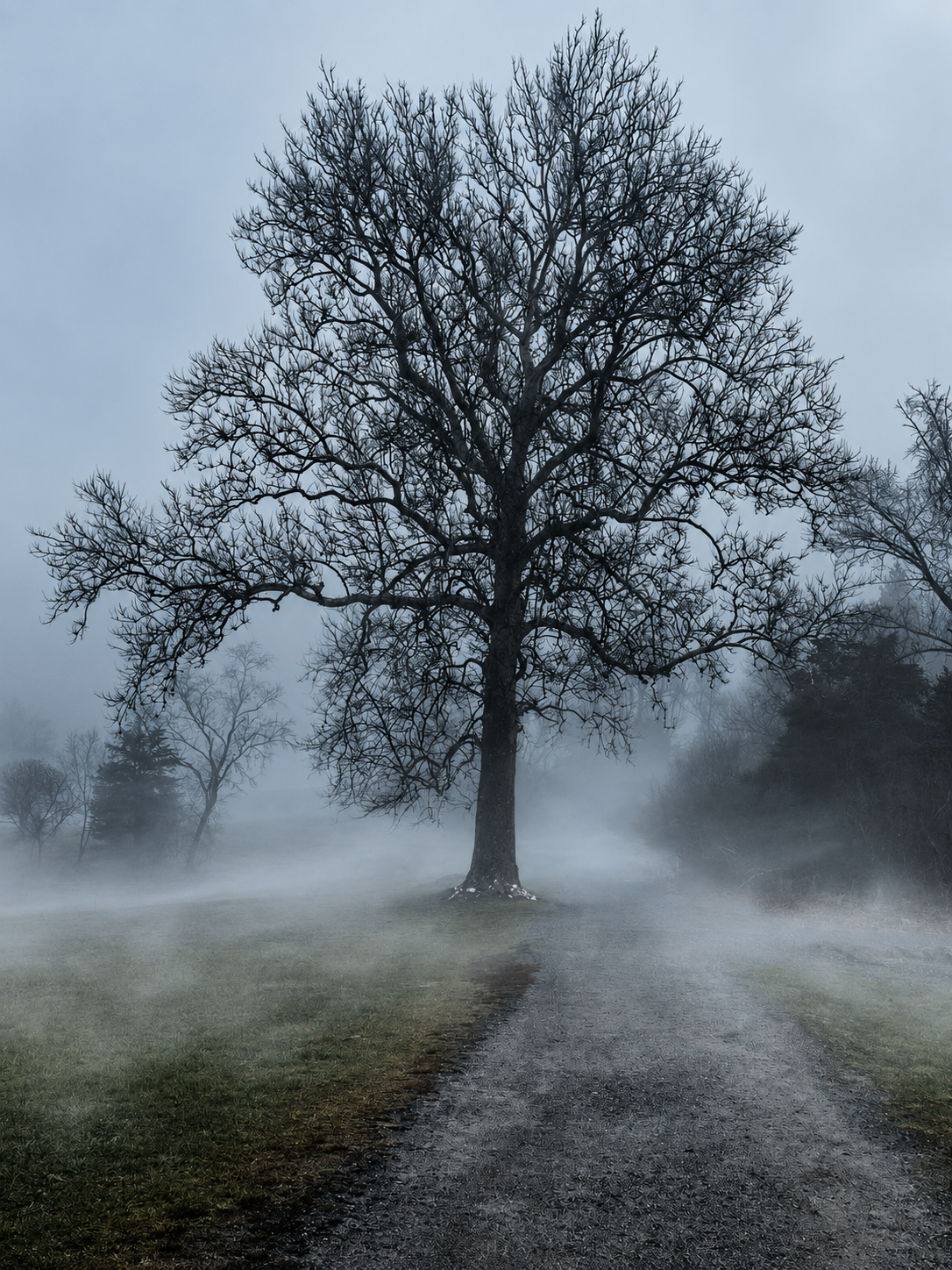Bare tree standing in morning fog along a quiet path