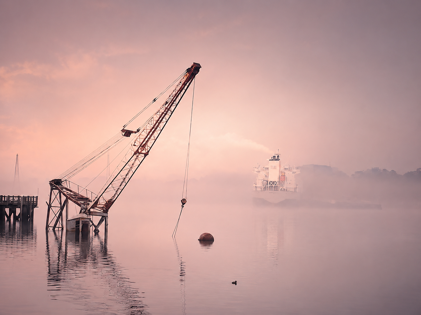 Rusty crane and distant ship shrouded in pink fog