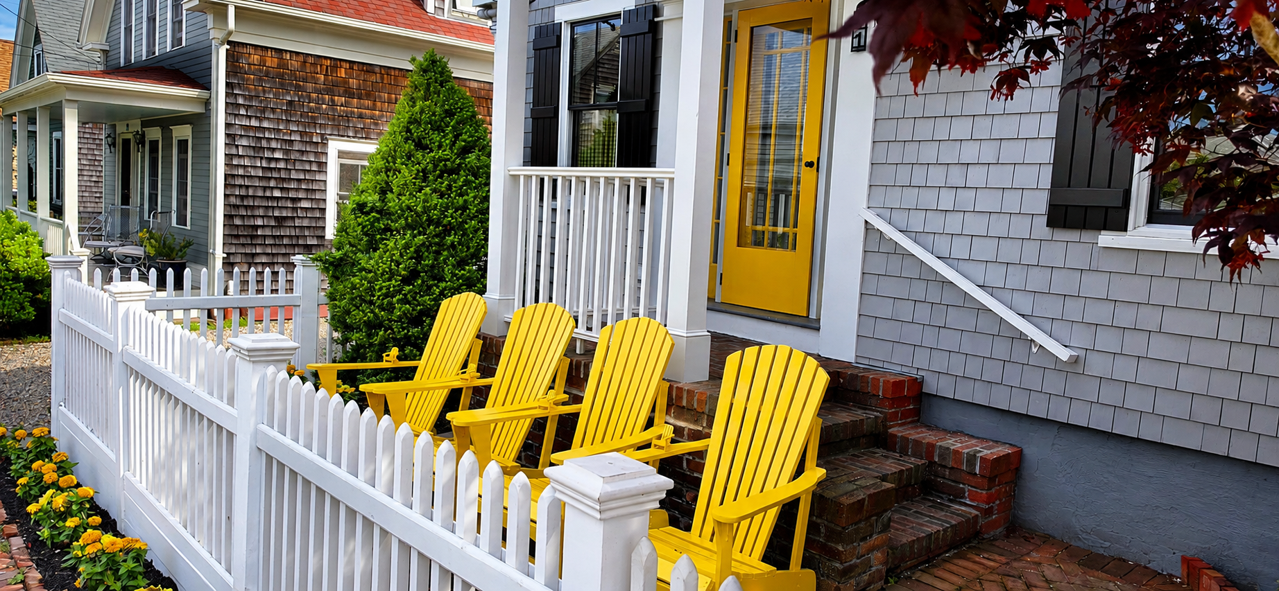 Bright yellow Adirondack chairs on a sunlit porch